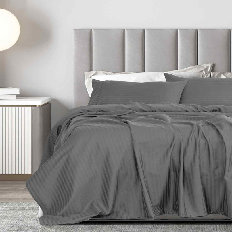 Royal Comfort 1200 Thread count Damask Stripe Cotton Blend sheet sets Queen Charcoal Grey-1951134866577952769