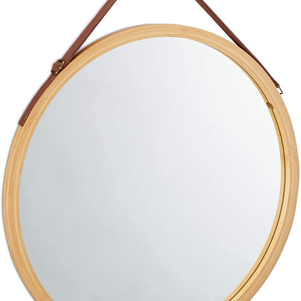 CARLA HOME Hanging Wall Mirror 45cm - Solid Bamboo Frame and Adjustable Leather Strap for Bathroom and Bedroom, Vanity Mirror, Makeup Mirror, Face Mirrors, Wall Shelf Mirror (Round 45 cm)-1978962234897993728
