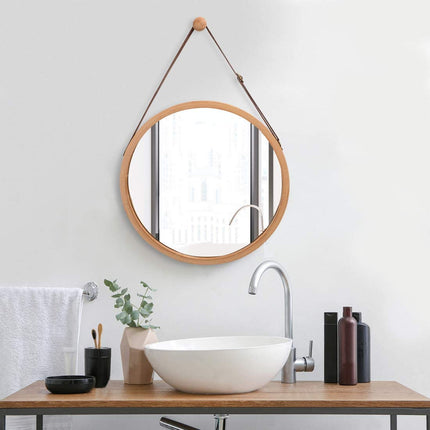CARLA HOME Hanging Wall Mirror 45cm - Solid Bamboo Frame and Adjustable Leather Strap for Bathroom and Bedroom, Vanity Mirror, Makeup Mirror, Face Mirrors, Wall Shelf Mirror (Round 45 cm)-1978962234897993729