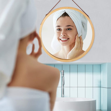 CARLA HOME Hanging Wall Mirror 45cm - Solid Bamboo Frame and Adjustable Leather Strap for Bathroom and Bedroom, Vanity Mirror, Makeup Mirror, Face Mirrors, Wall Shelf Mirror (Round 45 cm)-1978962234897993730
