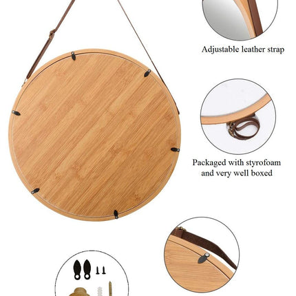 CARLA HOME Hanging Wall Mirror 45cm - Solid Bamboo Frame and Adjustable Leather Strap for Bathroom and Bedroom, Vanity Mirror, Makeup Mirror, Face Mirrors, Wall Shelf Mirror (Round 45 cm)-1978962234897993735