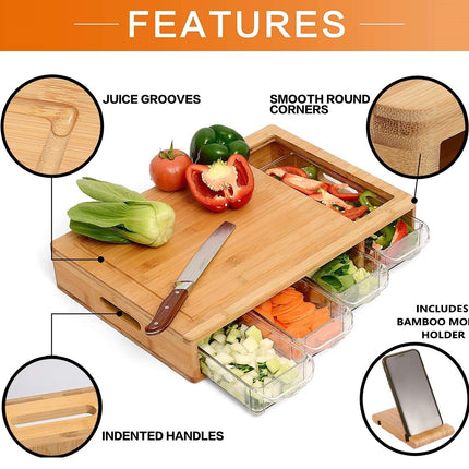 CARLA HOME Large Bamboo Cutting Board and 4 Containers with Mobile Holder gift included for Home Kitchen-1992735302862639105