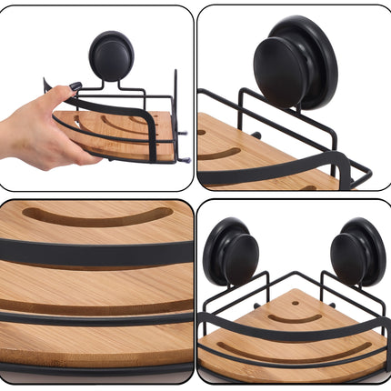 CARLA HOME  2 Pack Round Bamboo Corner Shower Caddy Shelf Basket Rack with Premium Vacuum Suction Cup No-Drilling for Bathroom and Kitchen-1992735302111858693