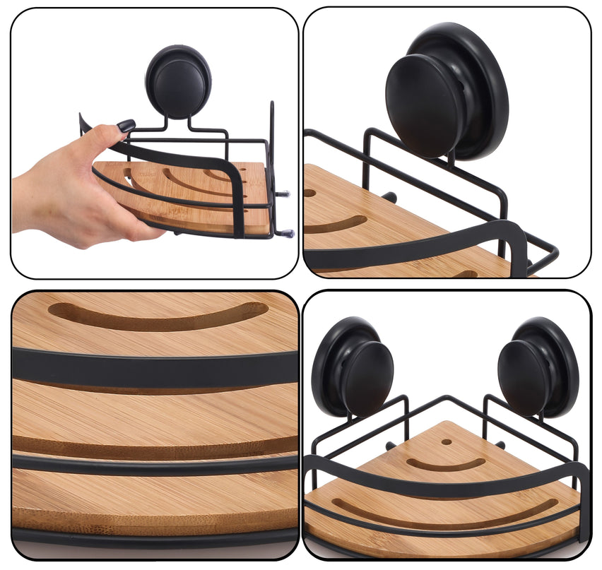 CARLA HOME  2 Pack Round Bamboo Corner Shower Caddy Shelf Basket Rack with Premium Vacuum Suction Cup No-Drilling for Bathroom and Kitchen-1992735302111858693