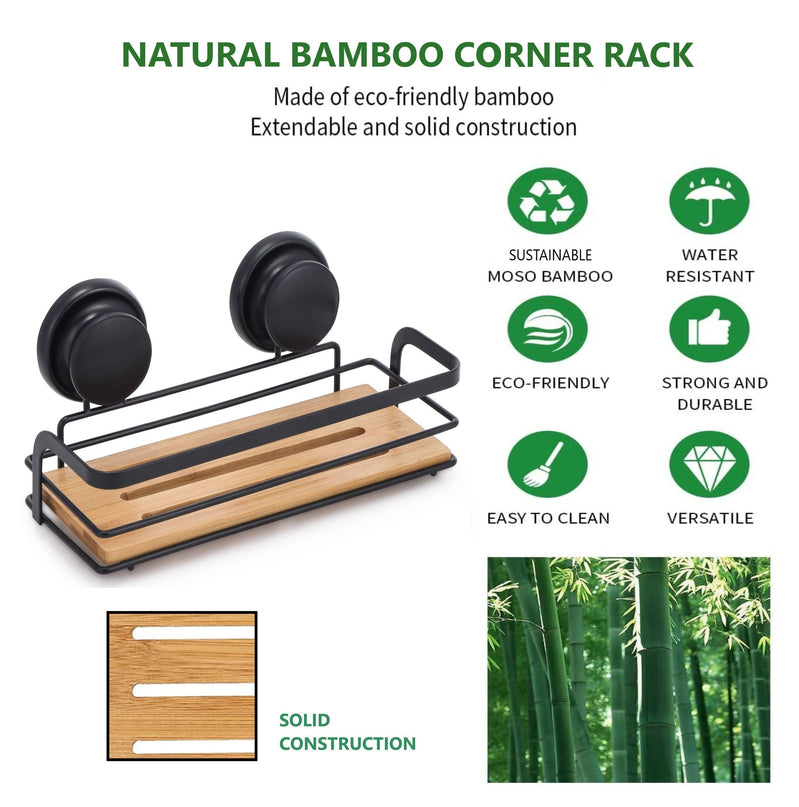 CARLA HOME  2 Pack Rectangular Bamboo Corner Shower Caddy Shelf Basket Rack with Premium Vacuum Suction Cup No-Drilling for Bathroom and Kitchen-1992735301767925766