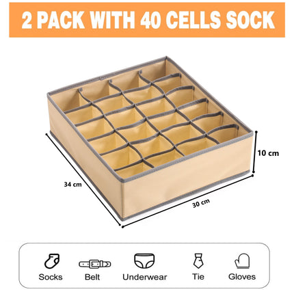 CARLA HOME Set of 2 Fabric Drawer Organizer Divider Storage Boxes for Storing Socks, Underwear, Ties, Scarves (Beige)-1978962239771774977