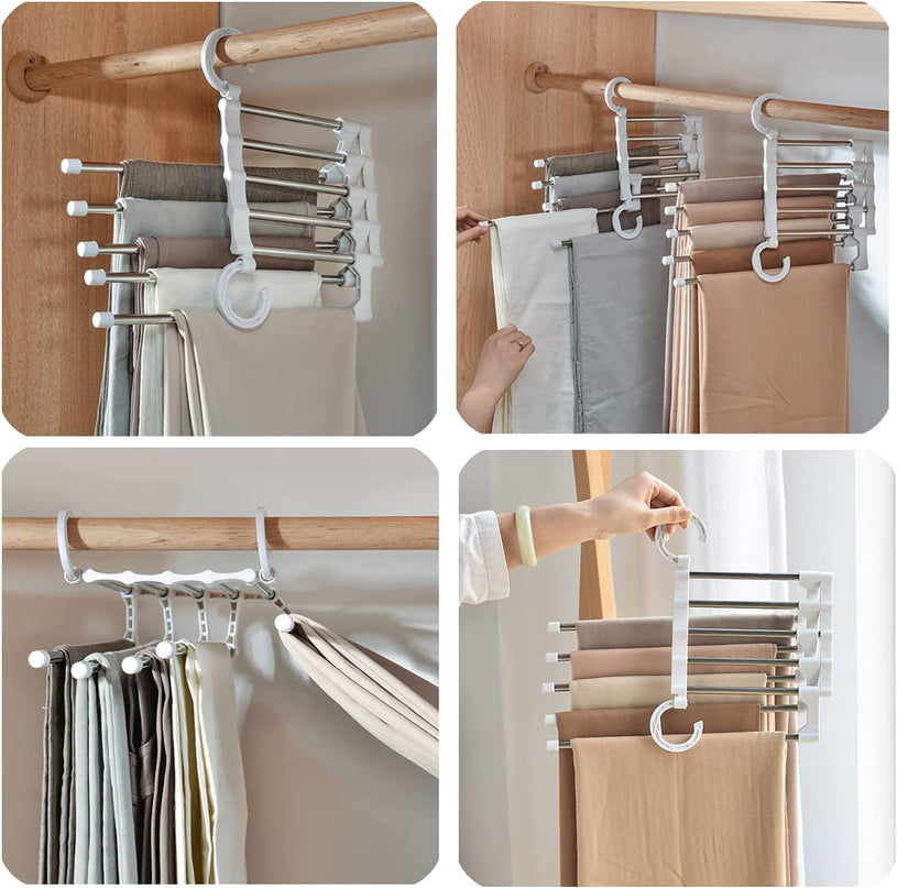 CARLA HOME  2 Pack Stainless Steel Adjustable 5 in 1 Pants Hangers Non-Slip Space Saving for Home Storage-1992735284936183815