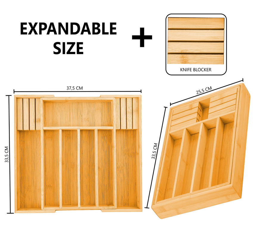 2 Pack Large Capacity Bamboo Expandable Drawer Organizer with Knife Block Holder for Home Kitchen Utensils-1978962241122340866