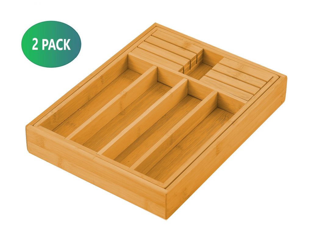 2 Pack Large Capacity Bamboo Expandable Drawer Organizer with Knife Block Holder for Home Kitchen Utensils-1978962241122340868