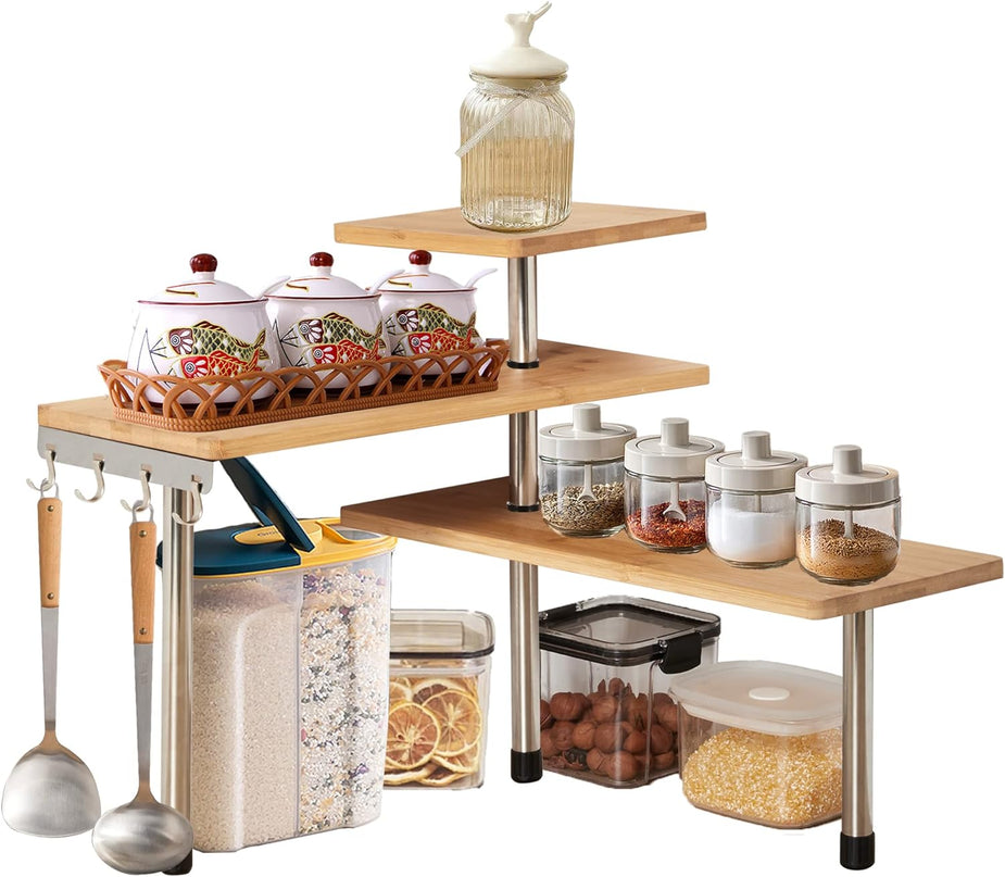 3 Tier Corner Shelf Kitchen Spice Rack Organiser with Hooks for Home Storage & Organisation, Adjustable Bamboo Wall Shelf for Pantry Organiser, Freestanding Spice Jars Storage Rack for Kitchen Storage & Organisation-1992735302694866944