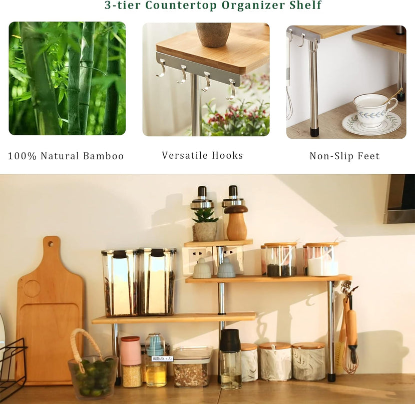 3 Tier Corner Shelf Kitchen Spice Rack Organiser with Hooks for Home Storage & Organisation, Adjustable Bamboo Wall Shelf for Pantry Organiser, Freestanding Spice Jars Storage Rack for Kitchen Storage & Organisation-1992735302694866948