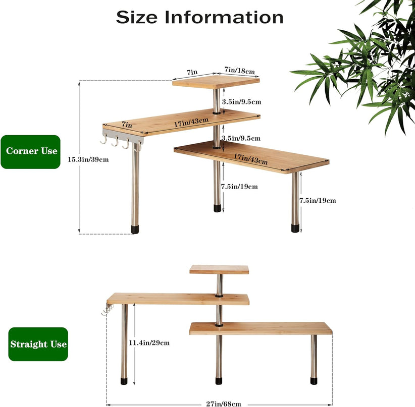 3 Tier Corner Shelf Kitchen Spice Rack Organiser with Hooks for Home Storage & Organisation, Adjustable Bamboo Wall Shelf for Pantry Organiser, Freestanding Spice Jars Storage Rack for Kitchen Storage & Organisation-1992735302694866949