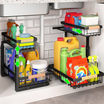 CARLA HOME 2-Tier Kitchen Under Sink Organiser Storage with Height Adjustable, Unique Slide Rail & Suction Cups for Storage-1992735290376196096