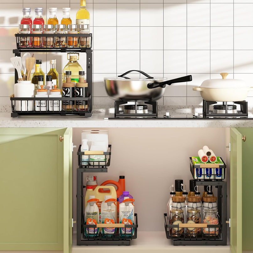 CARLA HOME 2-Tier Kitchen Under Sink Organiser Storage with Height Adjustable, Unique Slide Rail & Suction Cups for Storage-1992735290376196097