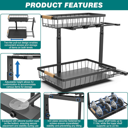 CARLA HOME 2-Tier Kitchen Under Sink Organiser Storage with Height Adjustable, Unique Slide Rail & Suction Cups for Storage-1992735290376196098