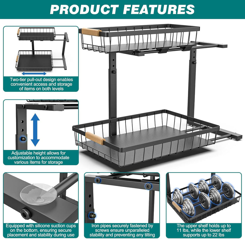 CARLA HOME 2-Tier Kitchen Under Sink Organiser Storage with Height Adjustable, Unique Slide Rail & Suction Cups for Storage-1992735290376196098
