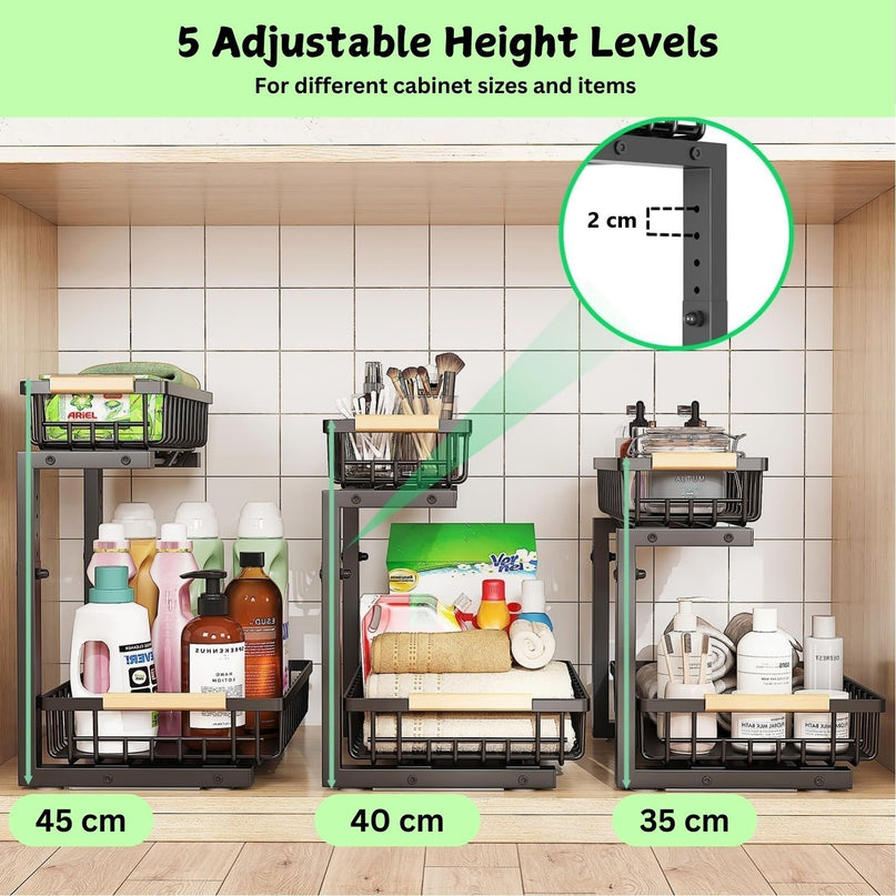 CARLA HOME 2-Tier Kitchen Under Sink Organiser Storage with Height Adjustable, Unique Slide Rail & Suction Cups for Storage-1992735290376196099