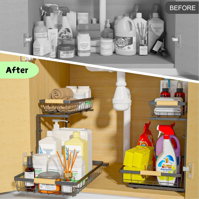CARLA HOME 2-Tier Kitchen Under Sink Organiser Storage with Height Adjustable, Unique Slide Rail & Suction Cups for Storage-1992735290376196102