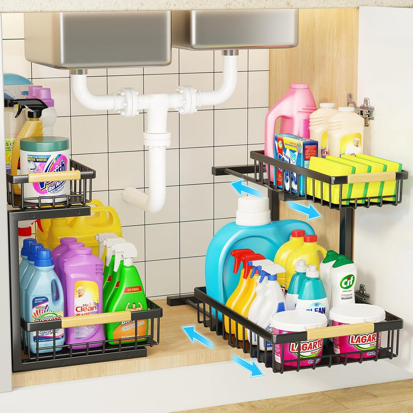 CARLA HOME 2-Tier Kitchen Under Sink Organiser Storage with Height Adjustable, Unique Slide Rail & Suction Cups for Storage-1992735290376196104