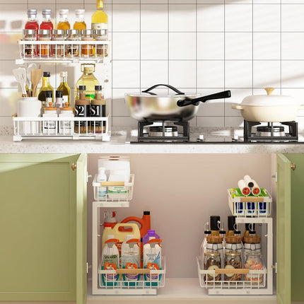 CARLA HOME 2-Tier Kitchen Under Sink Organiser Storage with Height Adjustable, Unique Slide Rail & Suction Cups for Storage-1992735299716911105