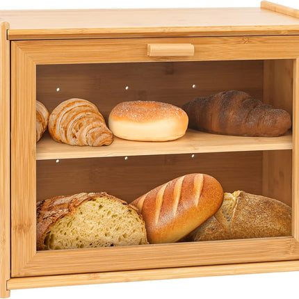 CARLA HOME Double Layer Bamboo Bread Box for Kitchen Counter with Large Capacity and Transparent Window-1992735286244806656