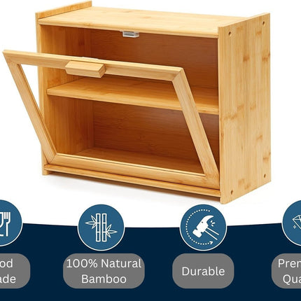 CARLA HOME Double Layer Bamboo Bread Box for Kitchen Counter with Large Capacity and Transparent Window-1992735286244806661