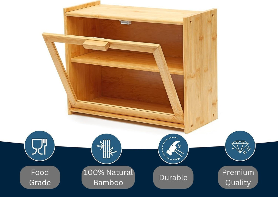 CARLA HOME Double Layer Bamboo Bread Box for Kitchen Counter with Large Capacity and Transparent Window-1992735286244806661