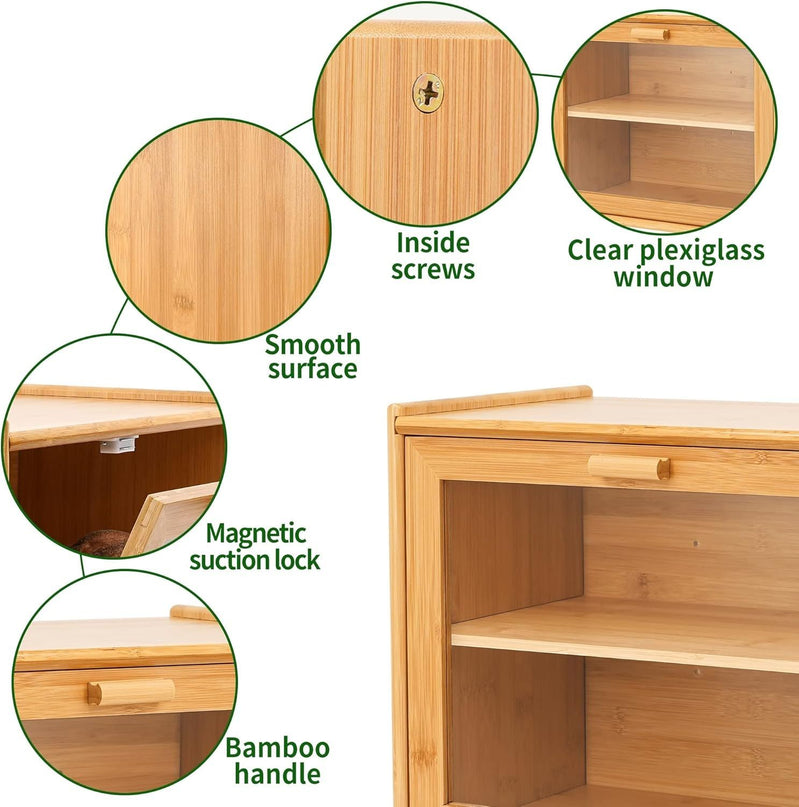 CARLA HOME Double Layer Bamboo Bread Box for Kitchen Counter with Large Capacity and Transparent Window-1992735286244806662