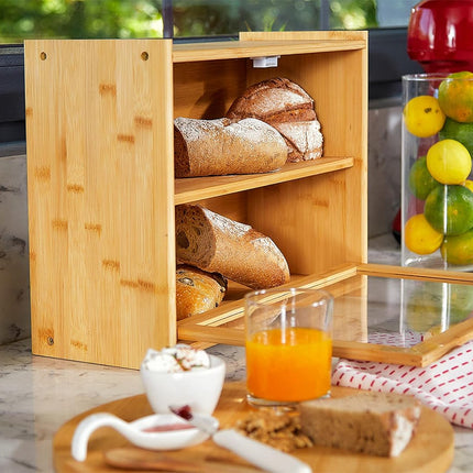 CARLA HOME Double Layer Bamboo Bread Box for Kitchen Counter with Large Capacity and Transparent Window-1992735286244806664