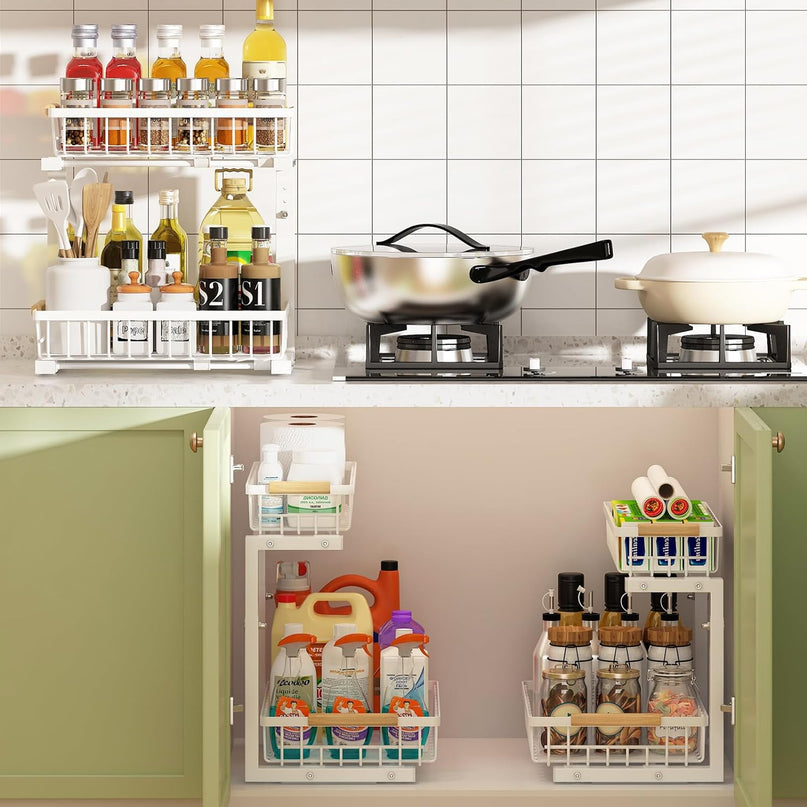 CARLA HOME Set 2 pcs - 2-Tier Kitchen Under Sink Organiser Storage with Height Adjustable, Unique Slide Rail & Suction Cups for Storage-1978962251352248321