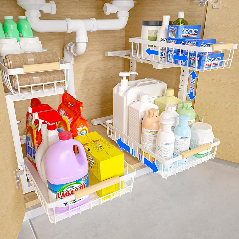 CARLA HOME Set 2 pcs - 2-Tier Kitchen Under Sink Organiser Storage with Height Adjustable, Unique Slide Rail & Suction Cups for Storage-1978962251352248328