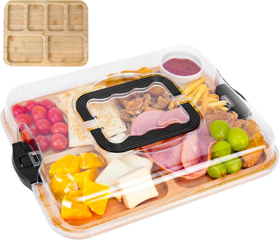 CARLA HOME Bamboo Charcuterie Board with Lid & Handle ideal Gift for Kitchen, Party & Picnic (6 Compartments)-1992735284592250880