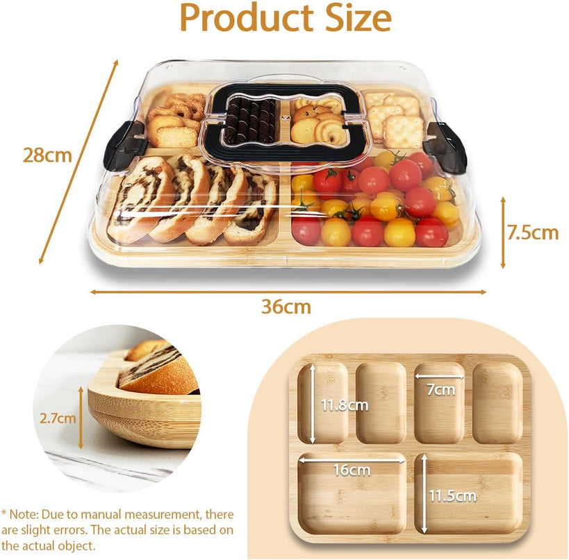 CARLA HOME Bamboo Charcuterie Board with Lid & Handle ideal Gift for Kitchen, Party & Picnic (6 Compartments)-1992735284592250885