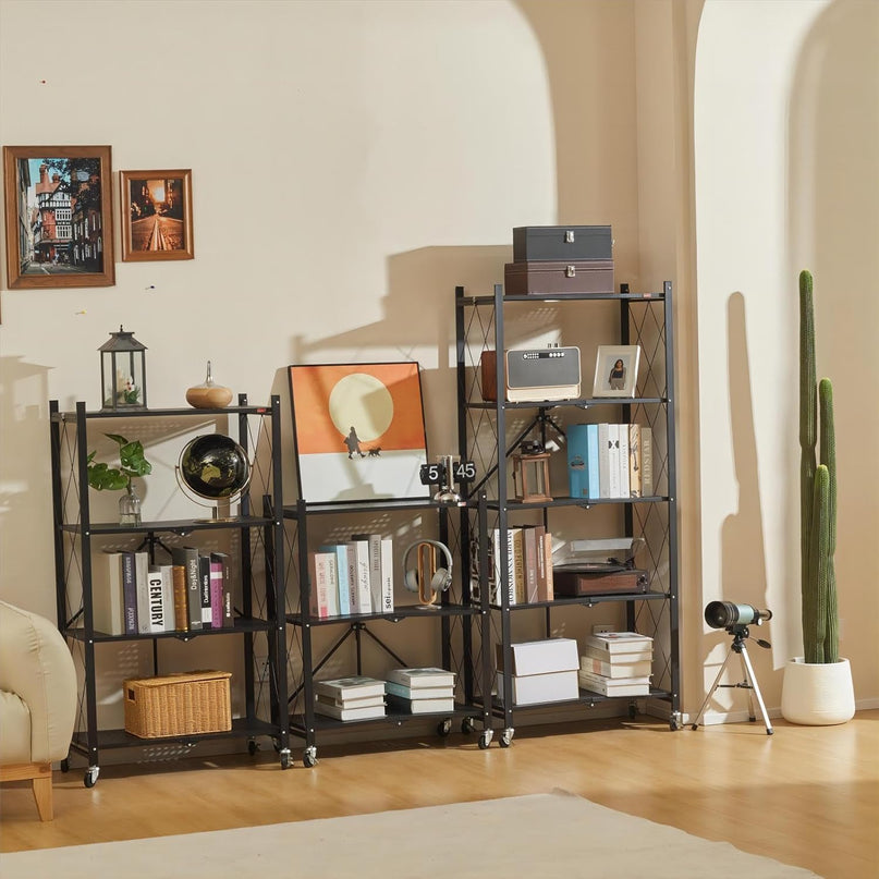 CARLA HOME 3-Tier Foldable Storage Shelf with Wheels for Kitchen, Garage, Pantry or Basement (Black)-1992735282809671688