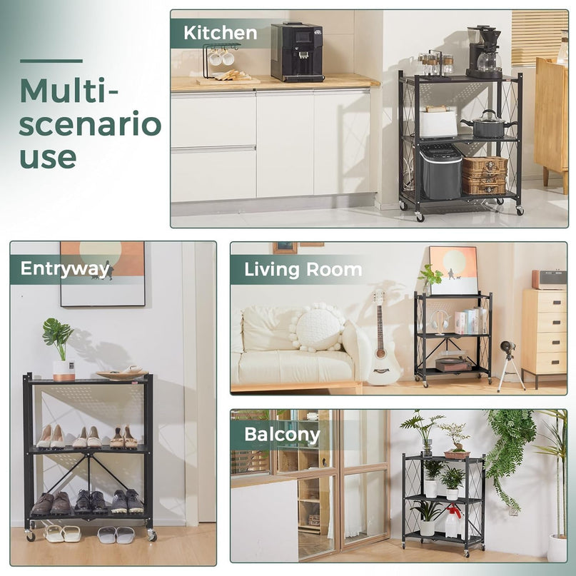 CARLA HOME 4-Tier Foldable Storage Shelf with Wheels for Kitchen, Garage, Pantry or Basement (Black)-1978962253076107265