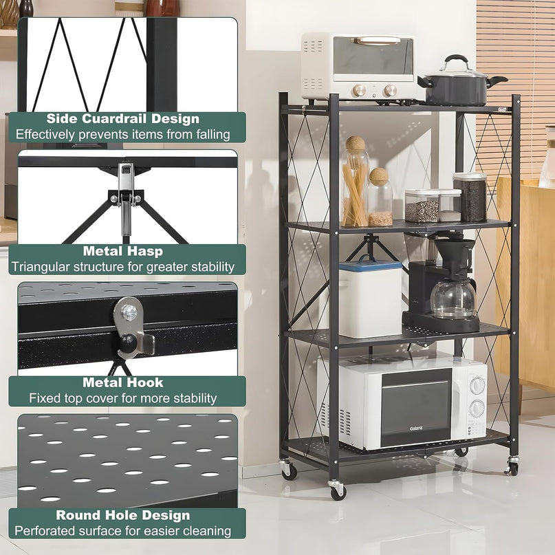 CARLA HOME 4-Tier Foldable Storage Shelf with Wheels for Kitchen, Garage, Pantry or Basement (Black)-1978962253076107268