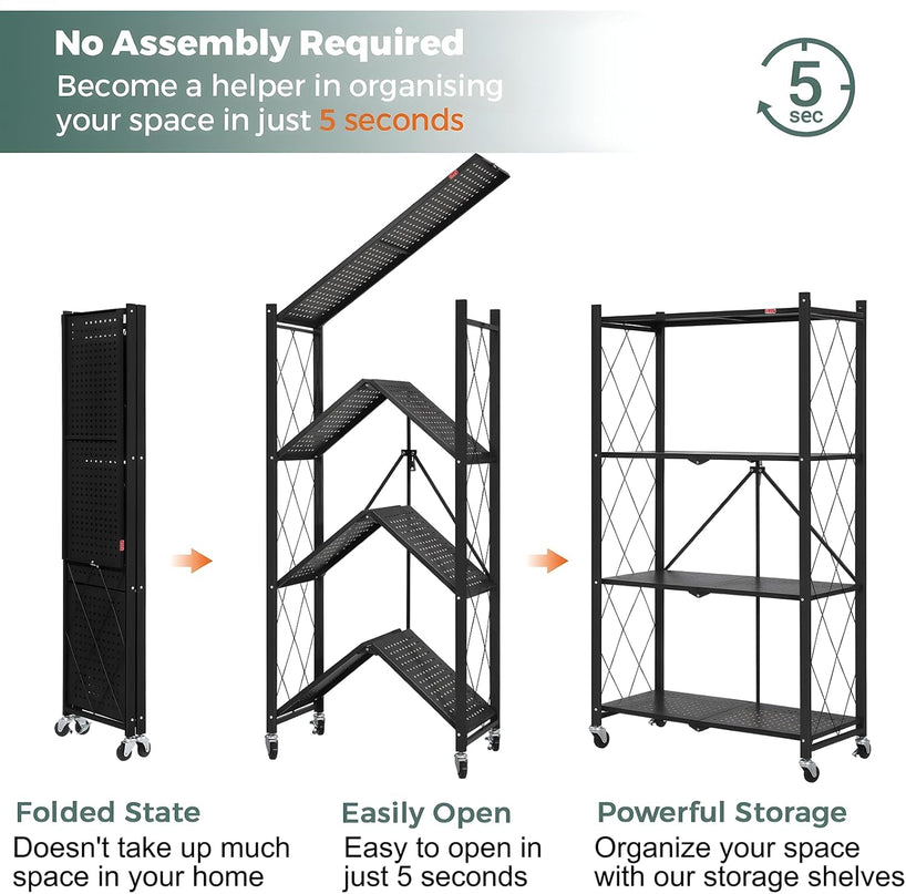 CARLA HOME 5-Tier Foldable Storage Shelf with Wheels for Kitchen, Garage, Pantry or Basement (Black)-1978962253252268035