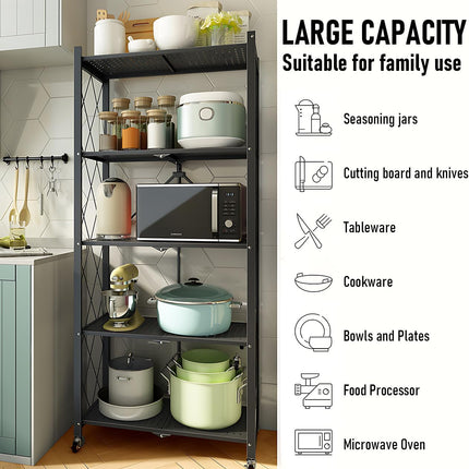 CARLA HOME 5-Tier Foldable Storage Shelf with Wheels for Kitchen, Garage, Pantry or Basement (Black)-1978962253252268036