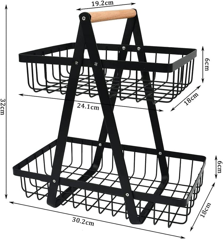 CARLA HOME 2-Tier Fruit Basket Stand for Kitchen Countertop for Fruits, Vegetables, Bread & Snacks with Wooden Handle-1992735293362540547