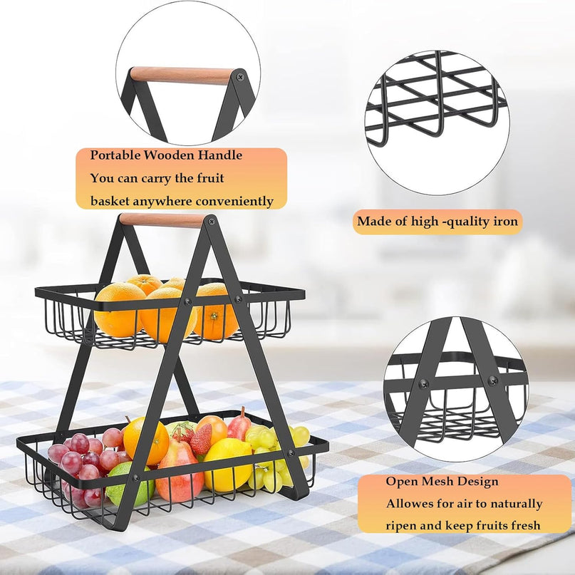 CARLA HOME 2-Tier Fruit Basket Stand for Kitchen Countertop for Fruits, Vegetables, Bread & Snacks with Wooden Handle-1992735293362540548