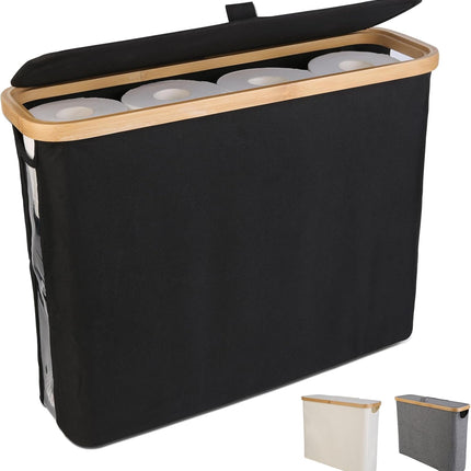 CARLA HOME Toilet Paper Storage Basket Holds Up to 12 Rolls with Bamboo Lid and Handle for RV Closet (Black)-1992735298517340160
