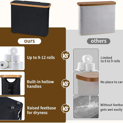 CARLA HOME Toilet Paper Storage Basket Holds Up to 12 Rolls with Bamboo Lid and Handle for RV Closet (Black)-1992735298517340164
