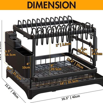 CARLA HOME 2-Tier Dish Drying Rack with Drainage Tray, Utensil Holder, Cup Hooks & Cutting Board Slot for Countertop Kitchen Storage (Black)-1978962254653165569