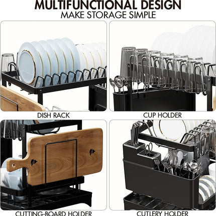 CARLA HOME 2-Tier Dish Drying Rack with Drainage Tray, Utensil Holder, Cup Hooks & Cutting Board Slot for Countertop Kitchen Storage (Black)-1978962254653165570