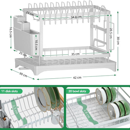 CARLA HOME 2-Tier Dish Drying Rack with Drainage Tray, Utensil Holder, Cup Hooks & Cutting Board Slot for Countertop Kitchen Storage (White)-1992735281312305153