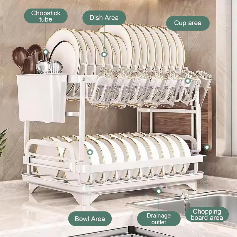 CARLA HOME 2-Tier Dish Drying Rack with Drainage Tray, Utensil Holder, Cup Hooks & Cutting Board Slot for Countertop Kitchen Storage (White)-1992735281312305154