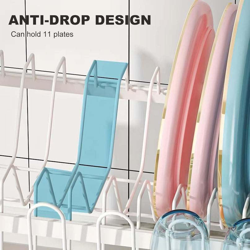 CARLA HOME 2-Tier Dish Drying Rack with Drainage Tray, Utensil Holder, Cup Hooks & Cutting Board Slot for Countertop Kitchen Storage (White)-1992735281312305157