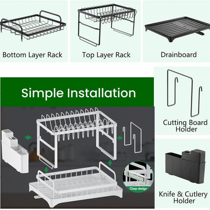 CARLA HOME 2-Tier Dish Drying Rack with Drainage Tray, Utensil Holder, Cup Hooks & Cutting Board Slot for Countertop Kitchen Storage (White)-1992735281312305159
