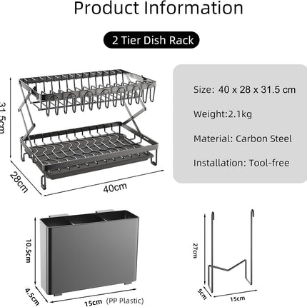 CARLA HOME 2-Tier Dish Drying Rack with Drainage Tray, Utensil Holder, Cup Hooks & Cutting Board Rack for Kitchen (Black)-1992735295317086209