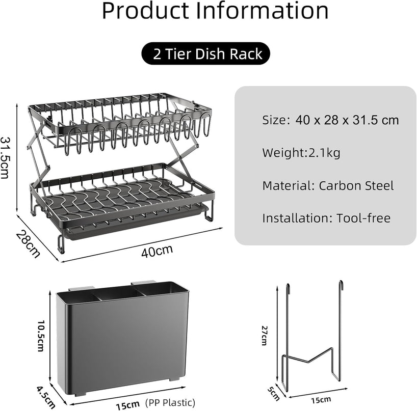 CARLA HOME 2-Tier Dish Drying Rack with Drainage Tray, Utensil Holder, Cup Hooks & Cutting Board Rack for Kitchen (Black)-1992735295317086209